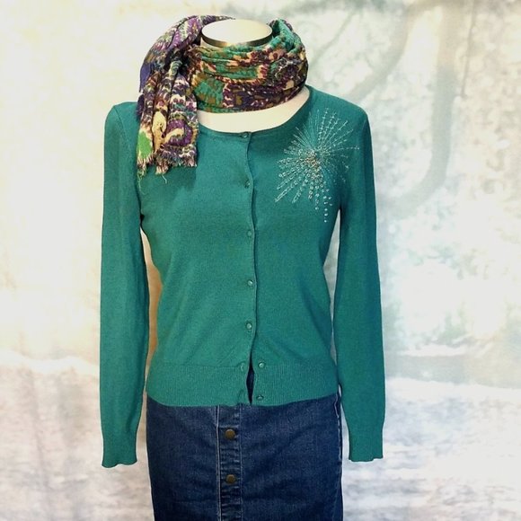 Teal Cardigan Embellished Sweater Size S - Picture 2 of 6